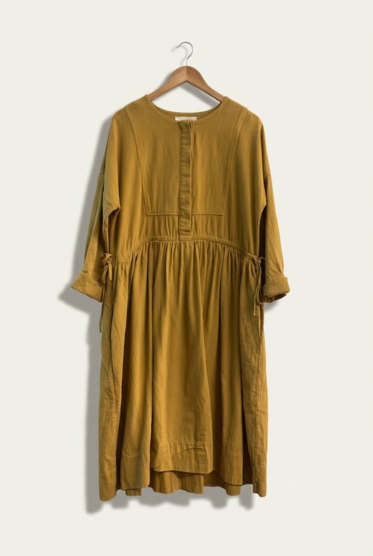 A Mente 3/4 Sleeve Midi Gathered Dress Button Front Mustard Yellow Size S/M
