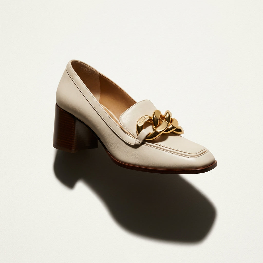 Tory Burch Leather Loafer Heels Block Heel Chain Detail Creme/Brown/Gold Size 6L
