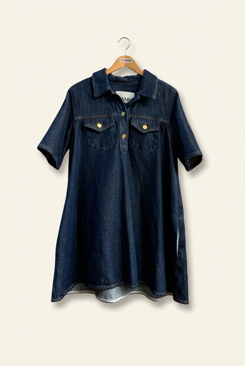 Ganni Denim Popover Midi Dress Collar Button Front Blue Ladies Size 42