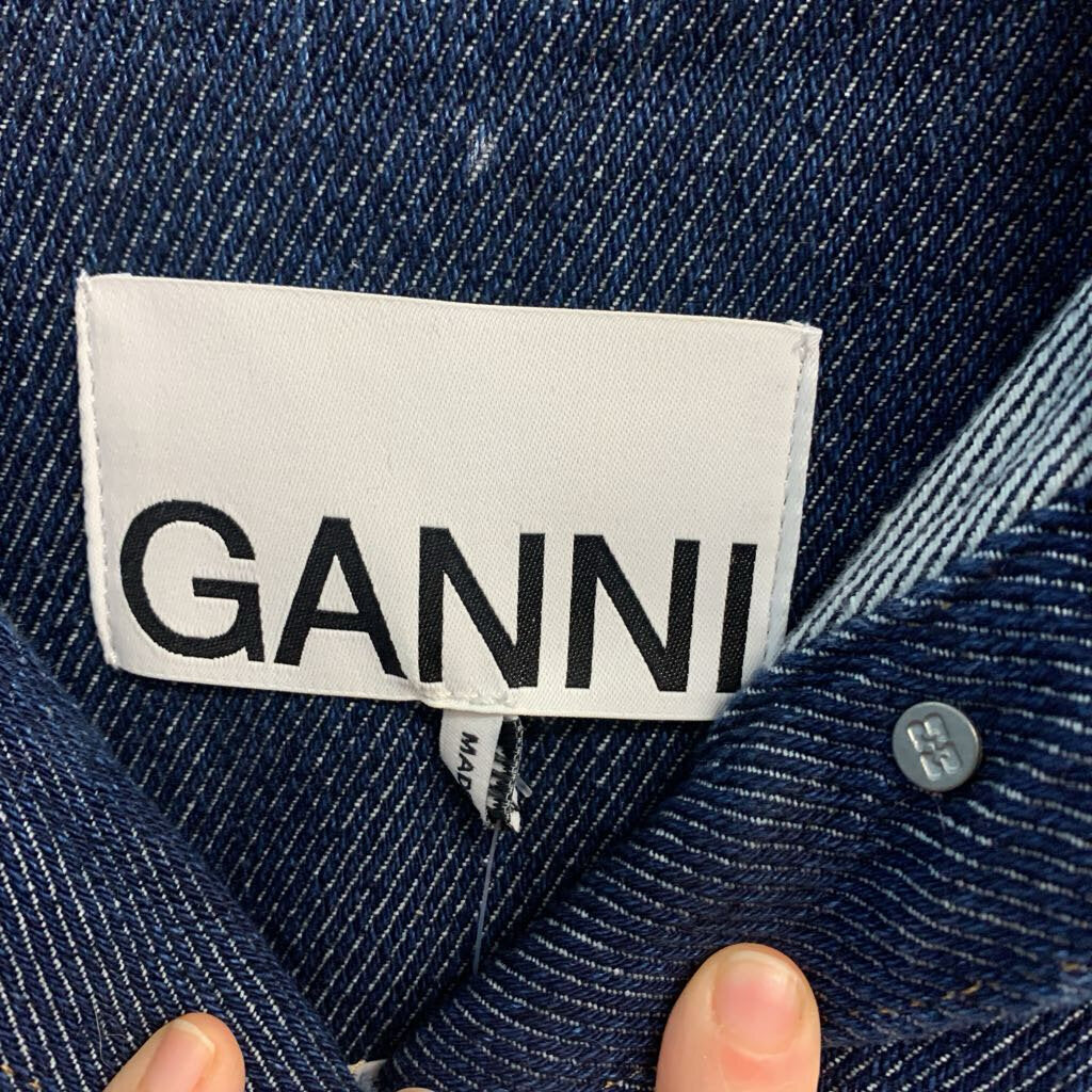 Ganni Denim Popover Midi Dress Collar Button Front Blue Ladies Size 42