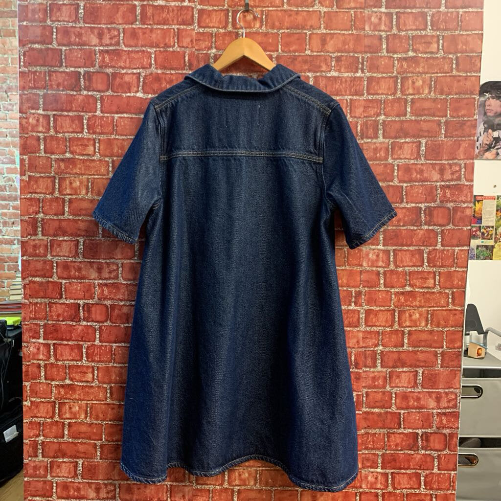 Ganni Denim Popover Midi Dress Collar Button Front Blue Ladies Size 42