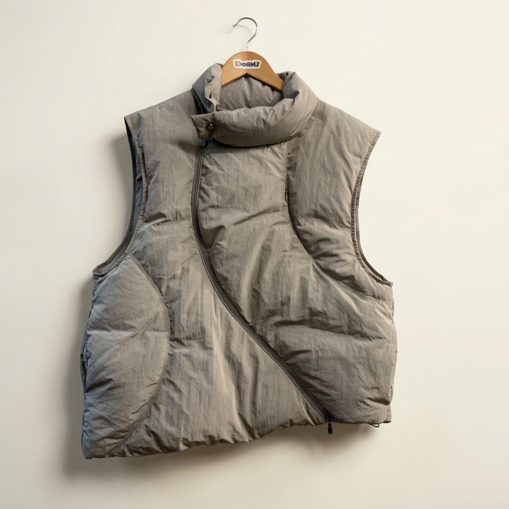Sundae School Asymmetrical Zipper Puffer Vest Taupe Ladies Size L