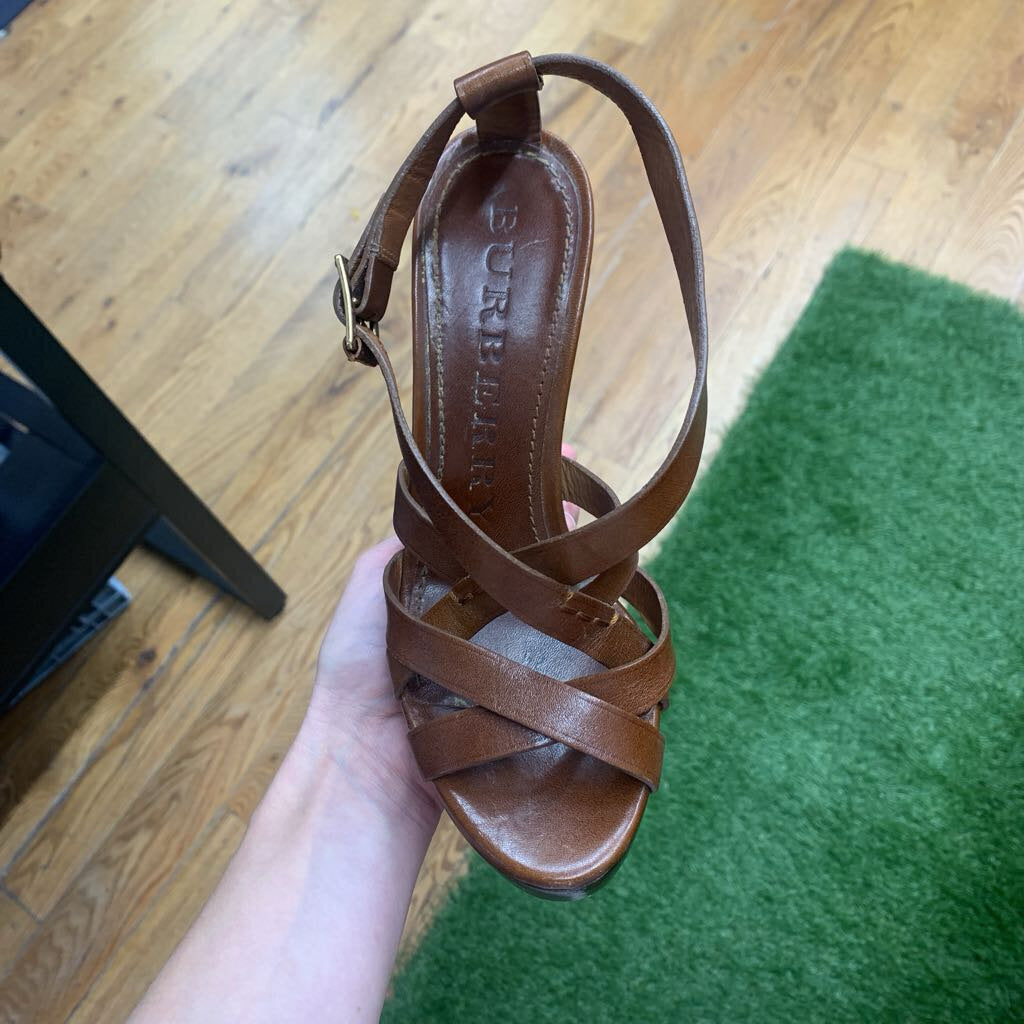 Burberry Strappy Leather Platform Wedge Sandal Brown Size 6L *WITH BOX*