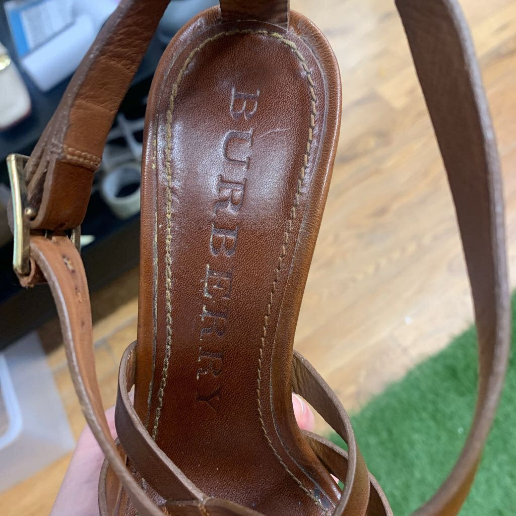 Burberry Strappy Leather Platform Wedge Sandal Brown Size 6L *WITH BOX*