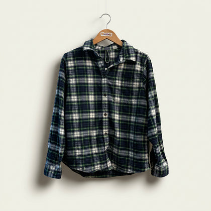 LL Bean Flannel Plaid Navy/Green/White Ladies Size S