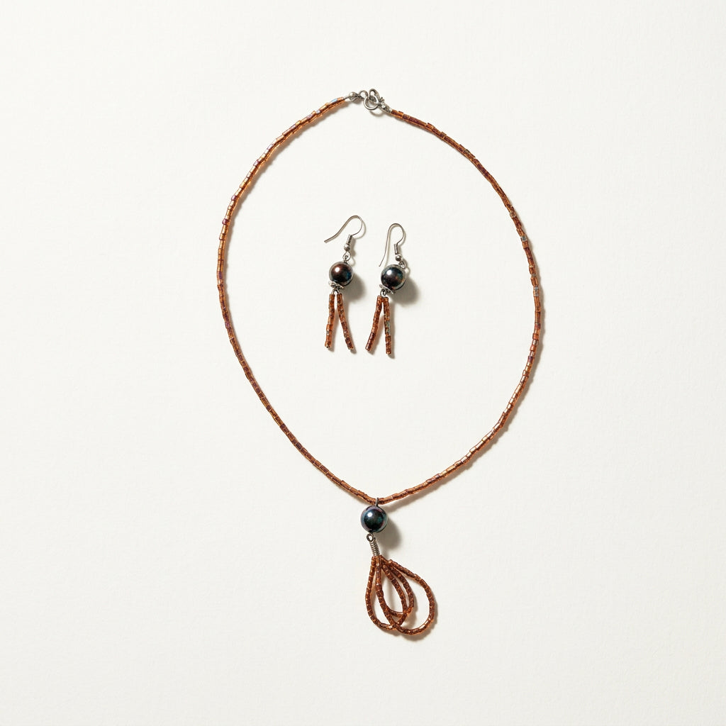 Necklace and Earrings Set Small Beads/Dangle Iridescent BrownPurple