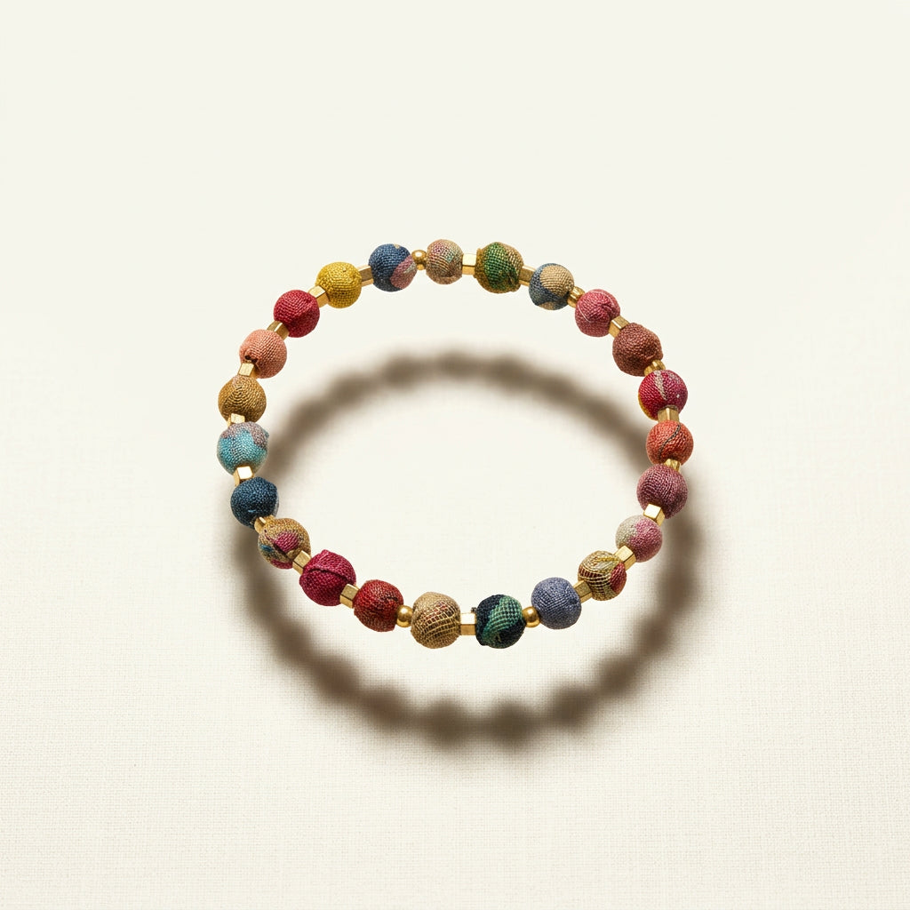 Cloth Wrapped Beaded Bracelet Gold/Multi