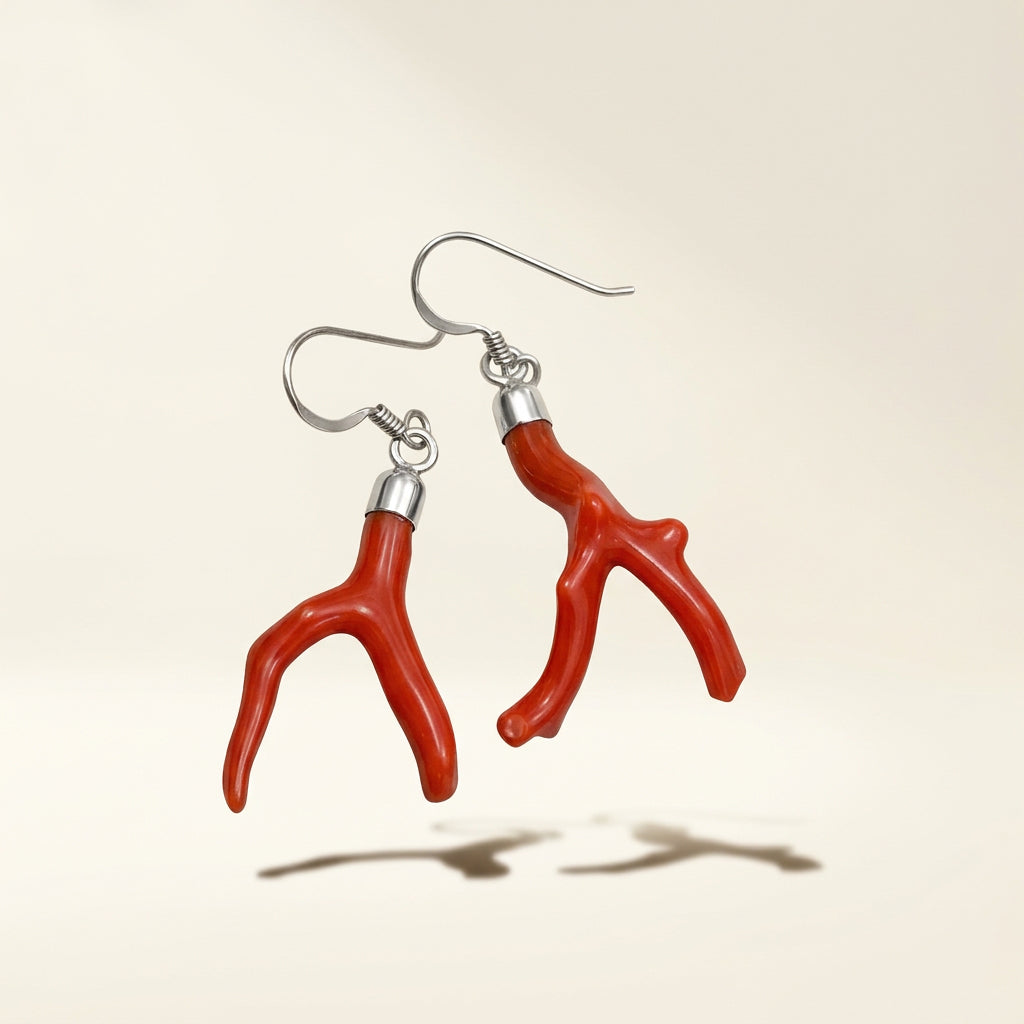 925 Sterling Coral Earrings Dangle Red/Silver