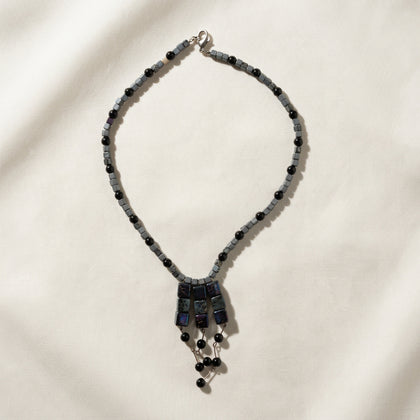 Beaded Necklace 3 Dangle Pieces Grey/Black