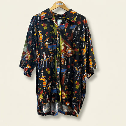 David Carey Originals "Day of the Dead" Skeleton Mariachi Button Up T-Shirt Black/Orange/White/Multi Size 2XL
