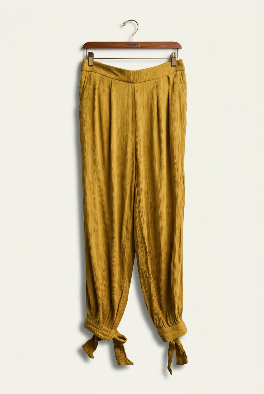 Zara Textured Creped Fabric Pants Tie Ankle Mustard Ladies Size M