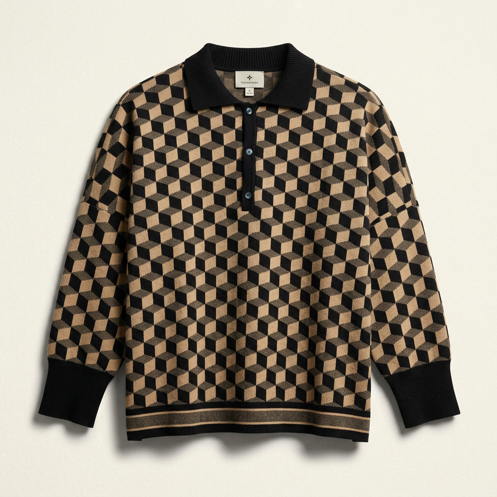 Tuckernuck Geometric Cube Knit Polo Long Sleeve Sweater Tan/Black Ladies Size XL/XXL
