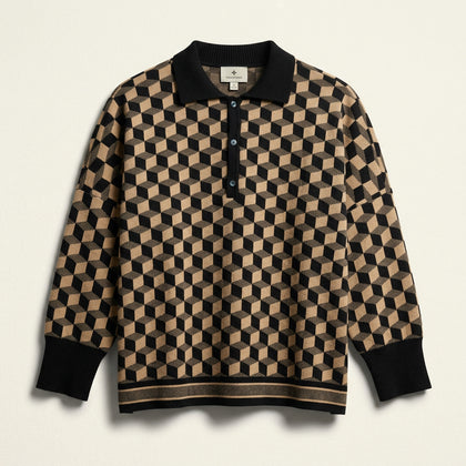 Tuckernuck Geometric Cube Knit Polo Long Sleeve Sweater Tan/Black Ladies Size XL/XXL
