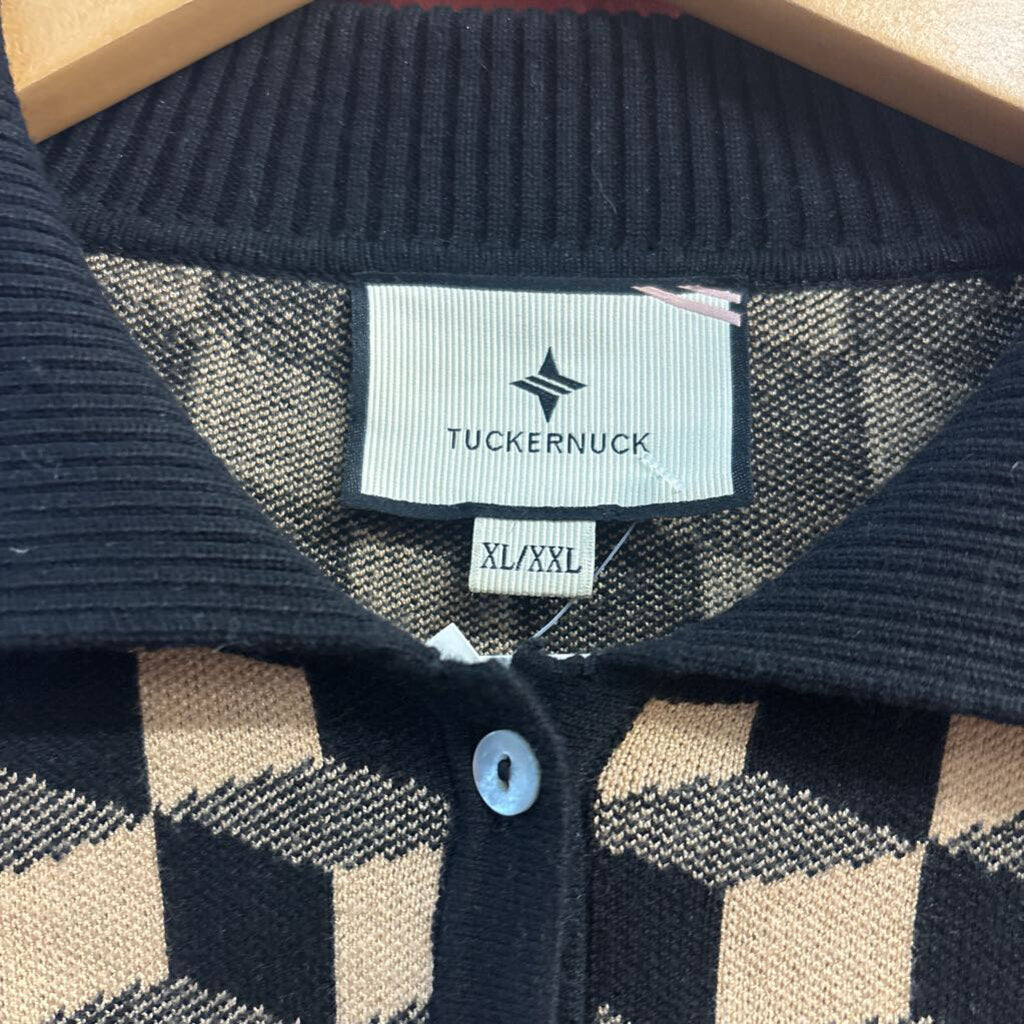 Tuckernuck Geometric Cube Knit Polo Long Sleeve Sweater Tan/Black Ladies Size XL/XXL