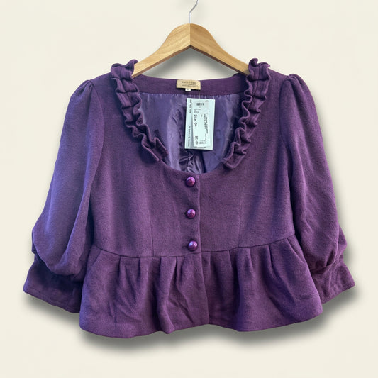 Vintage Piko 1988 Velvet-Texture Ruffle Collar Peplum Blouse Purple Ladies Size S