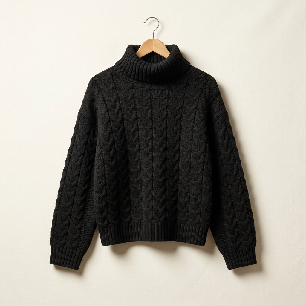 Ann Taylor Weekend Chunky Cable Knit Turtleneck Sweater Black Ladies Size S