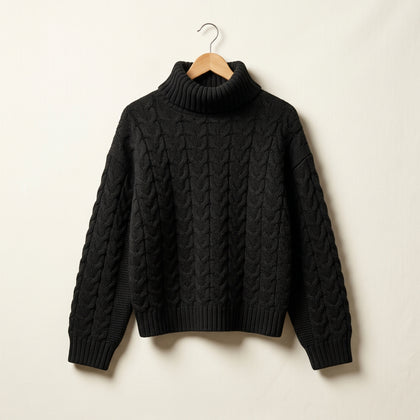 Ann Taylor Weekend Chunky Cable Knit Turtleneck Sweater Black Ladies Size S
