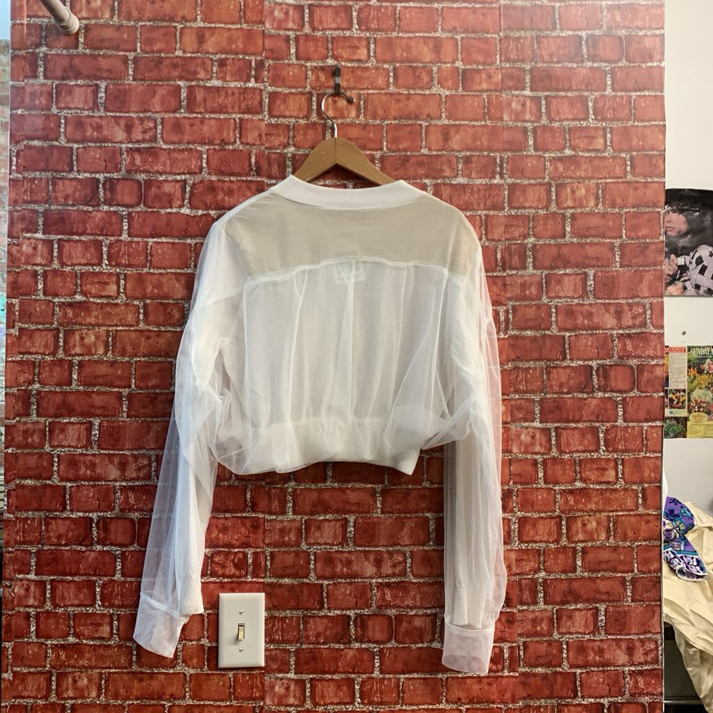DEMOO Button Up Sweater Tulle Layered Long Sleeve White/Tan Ladies Size Small