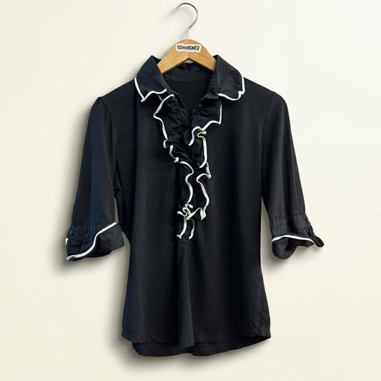 Ann Fontaine Black Pima Cotton Top Ruffle White Trim Ladies Size 42
