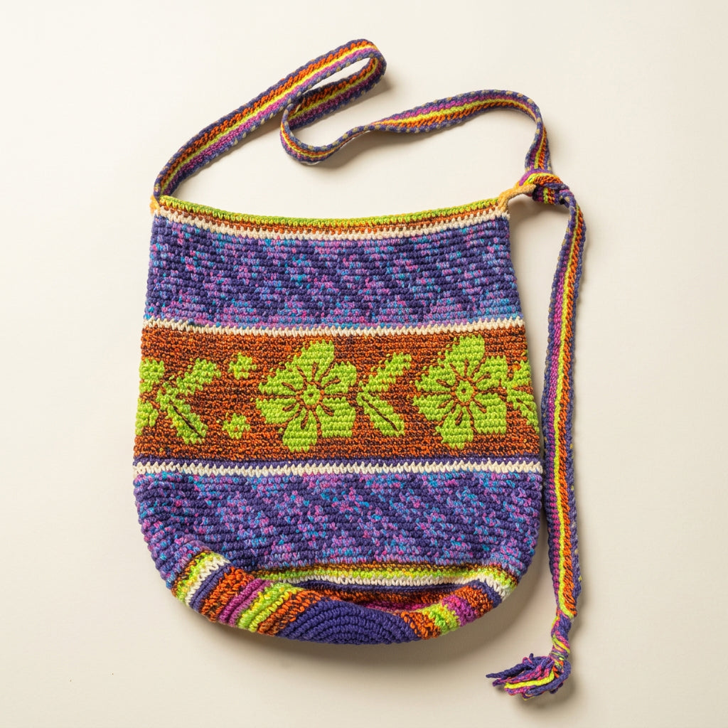 Made in Guatemala Hand-Crocheted Sling Bucket Bag Fish Purple/Orange/Green
