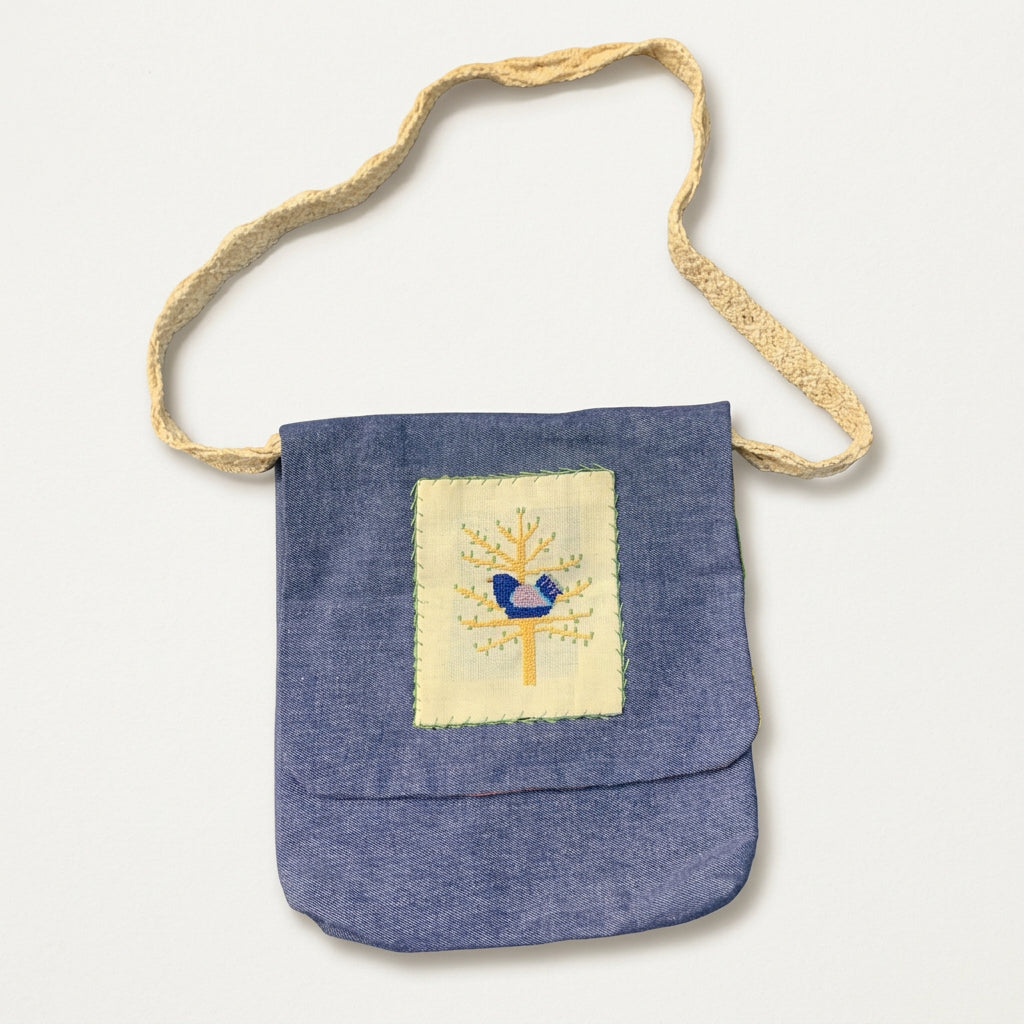 Handmade Shoulder Bag Cross Stitch Bird on Tree Blue/Beige