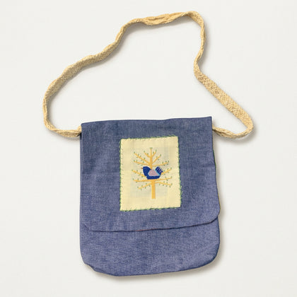 Handmade Shoulder Bag Cross Stitch Bird on Tree Blue/Beige