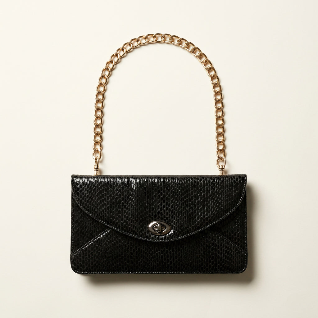 Sorial Shoulder Bag Leather Snake Pattern Chain Black/Silver