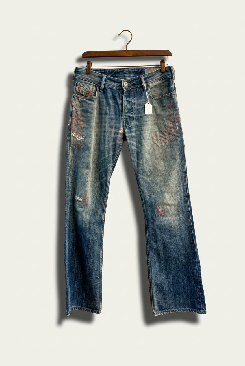 Diversity Repair Lab x Diesel Y2K Jeans Low Rise Sashiko Patches Blue/Red Ladies Size 28