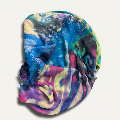 Scarf Raw Hem Splash Pattern Blue/Yellow/Purple/Pink