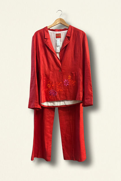 Kenzo Jungle Vintage Pant Suit and Blazer Linen Red Ladies Size 42