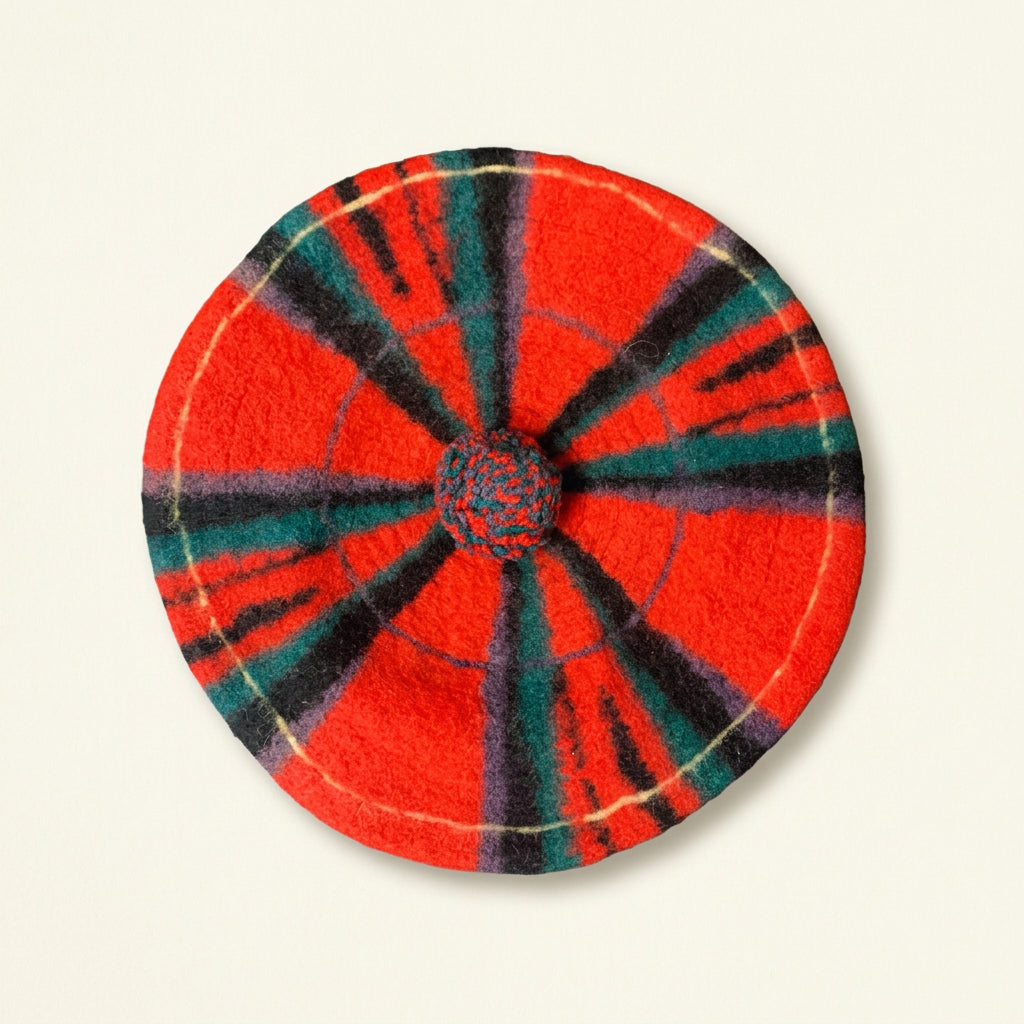 Royal Stewart Vintage Wool Beret Plaid Pom Pom Red/Teal/Black AS-IS