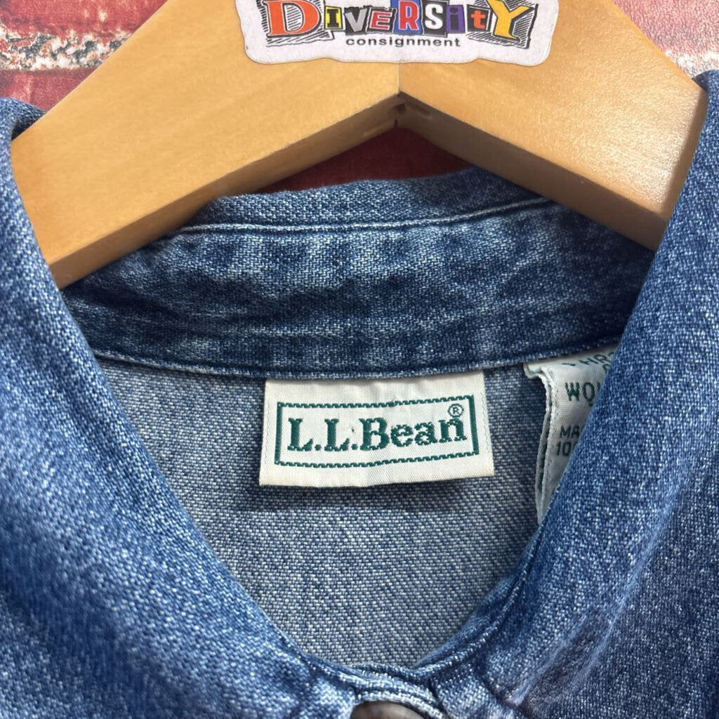 LL Bean Midi Dress Raw Hem Denim 3/4 Sleeve Blue Ladies Size 8
