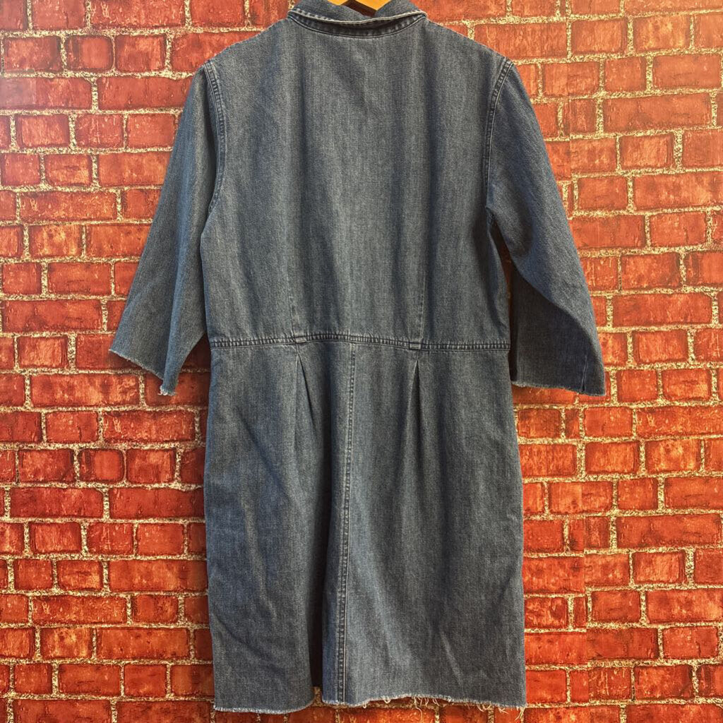 LL Bean Midi Dress Raw Hem Denim 3/4 Sleeve Blue Ladies Size 8