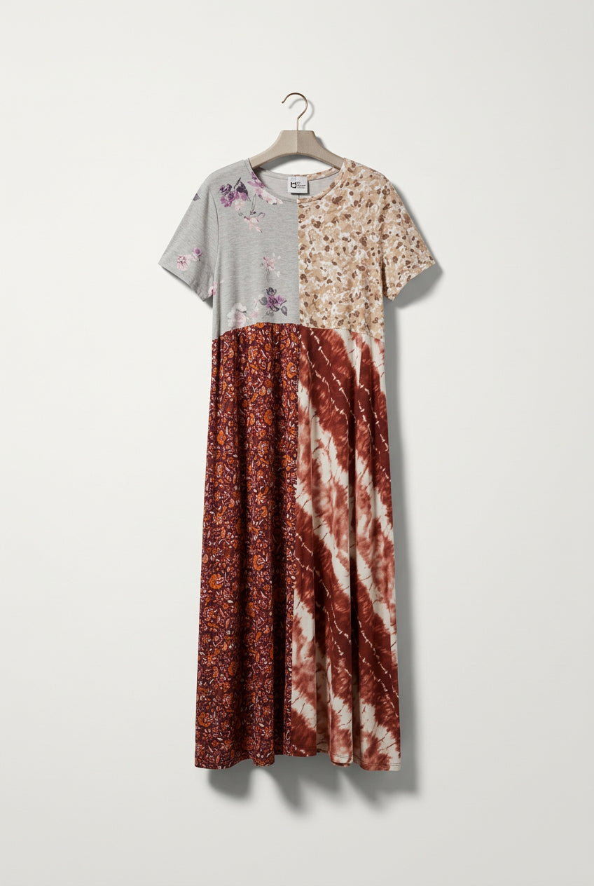 The Morgan Factory Maxi Dress Short Sleeve Quilted Cotton Floral/Tie Dye Multi Ladies Size XL
