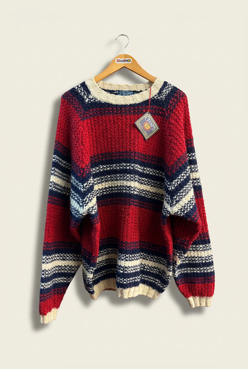 Deadstock Chaps Sweater Shetland Wool/Cotton Knit Red/Navy/White Men’s Size L
