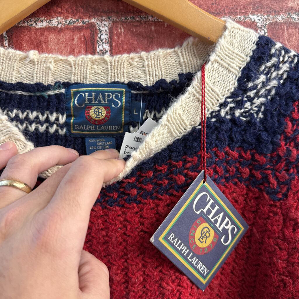 Deadstock Chaps Sweater Shetland Wool/Cotton Knit Red/Navy/White Men’s Size L