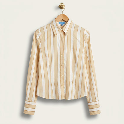 Escada Sport Silk Button Up Vertical Stripes White/Beige/Gold Ladies Size 38