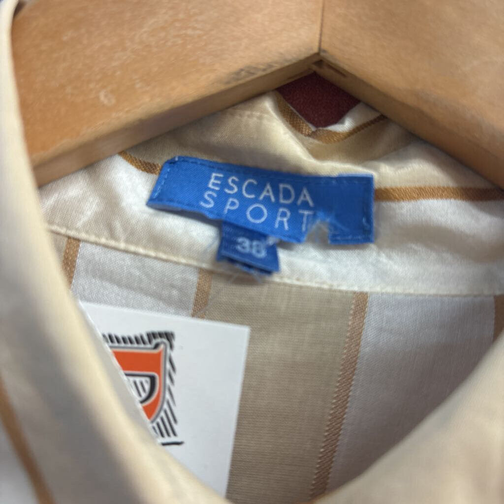 Escada Sport Silk Button Up Vertical Stripes White/Beige/Gold Ladies Size 38