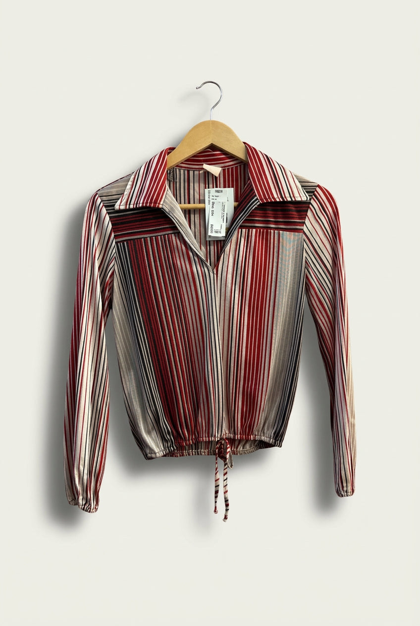 Vintage Blouse Vertical Stripes Red/Grey Ladies Size S