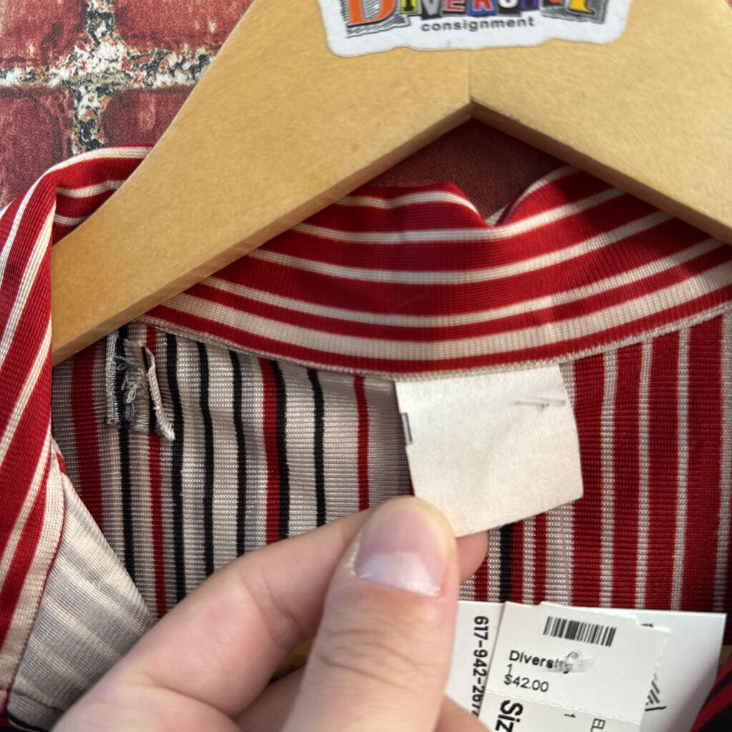 Vintage Blouse Vertical Stripes Red/Grey Ladies Size S