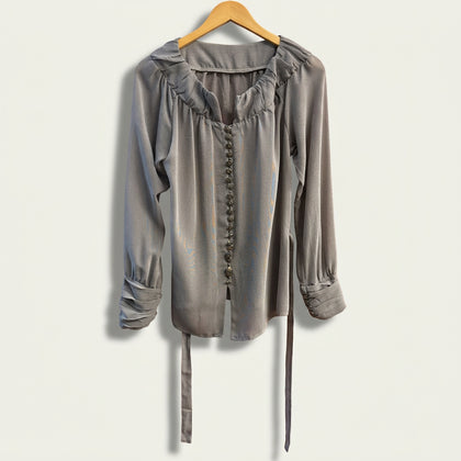 Nick & Mo Blouse Top Front Buttons Tie Grey Ladies Size M