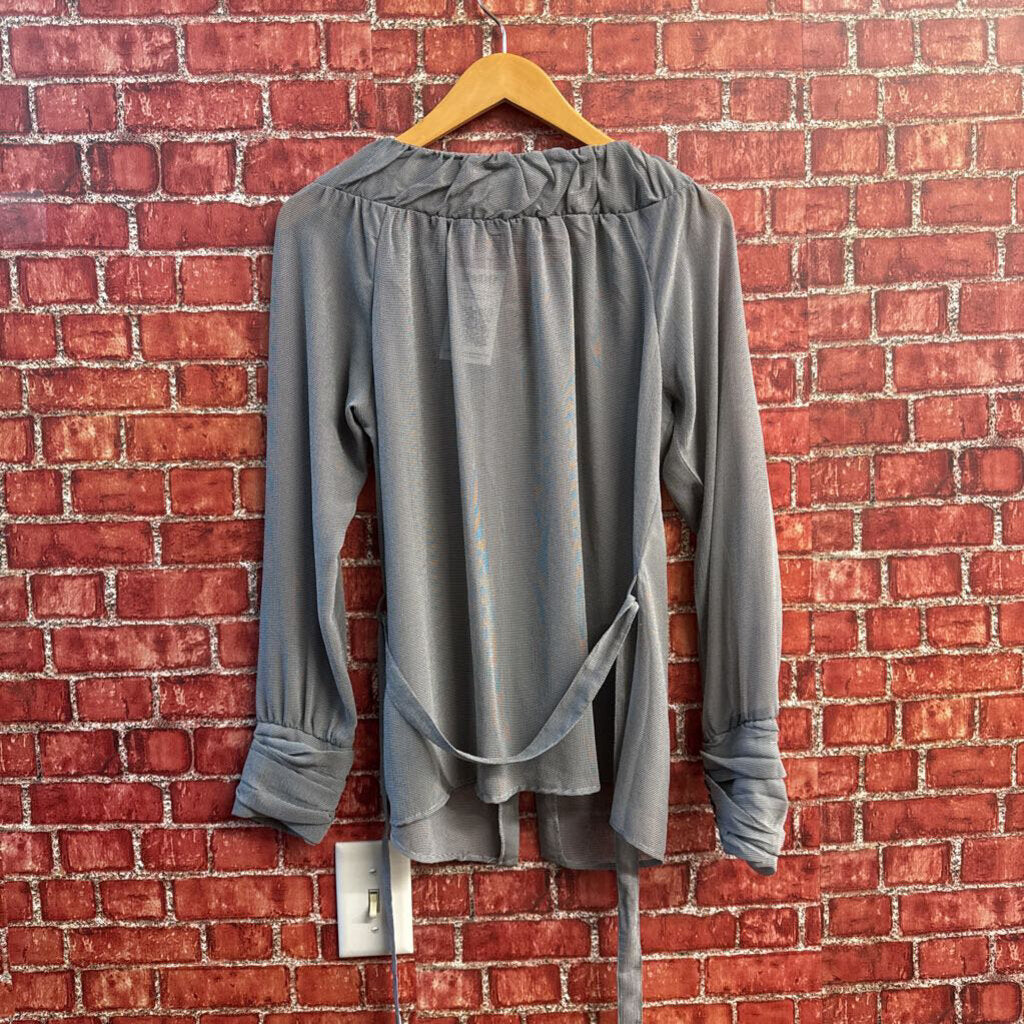 Nick & Mo Blouse Top Front Buttons Tie Grey Ladies Size M