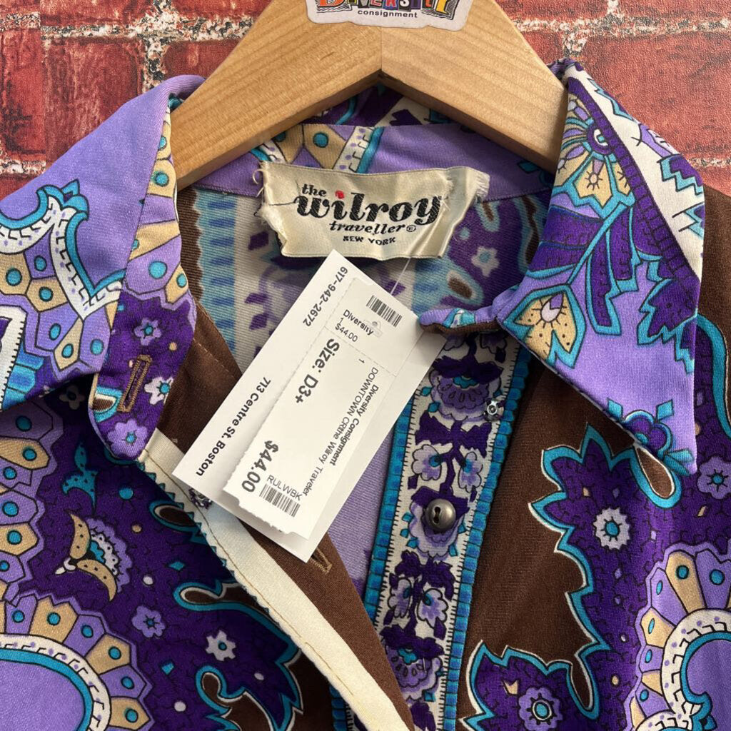 the Wilroy Traveler Midi Dress Buttons Floral/Paisley Purple/Brown