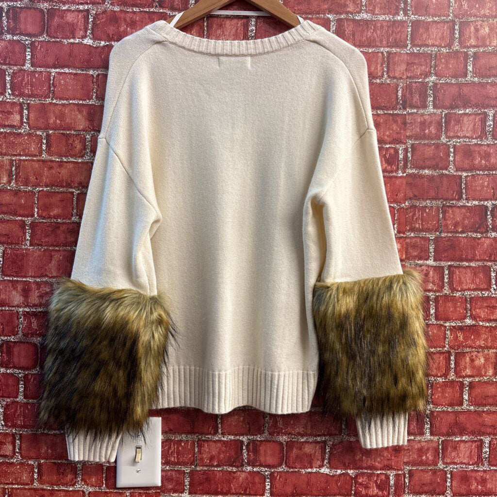 Naadam Faux Fur Cuff V-Neck Wool-Cashmere Blend Sweater Creme/Brown Size S