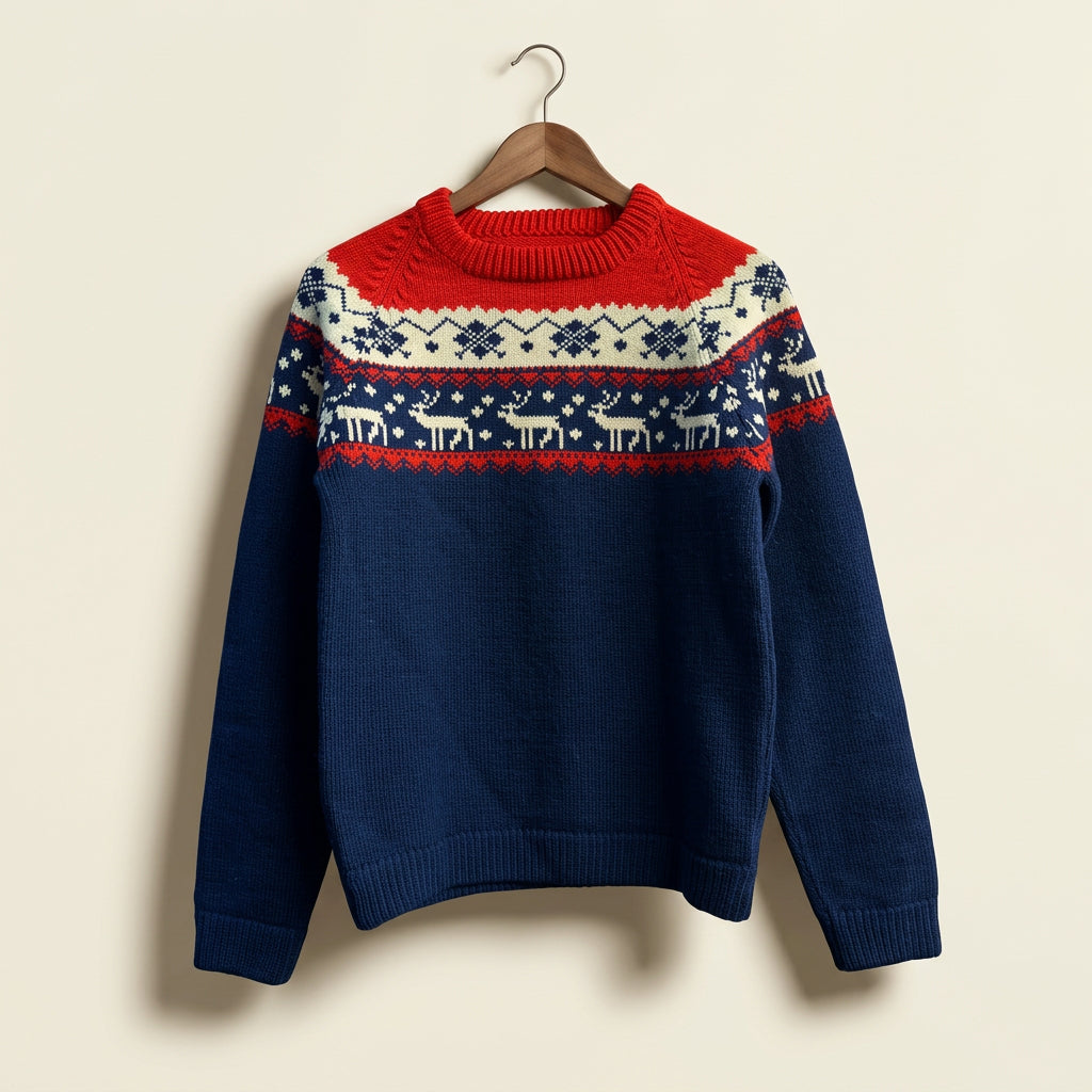 Scandinavia Inc. Handkint Nordic Reindeer Sweater Blue/Red/White Ladies Size L/M
