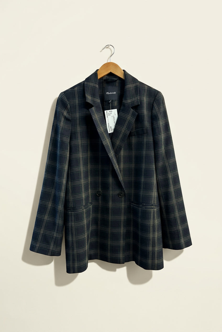 Madewell Double-Breasted Blazer Plaid Black/Creme/Tan Ladies Size L
