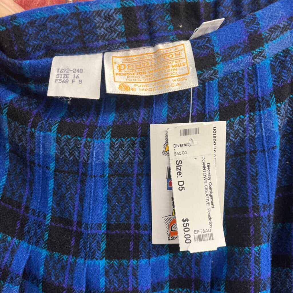 Vintage Pendleton Pure Virigin Wool Pleated Plaid Skirt Blue/Black/Purple Size 16