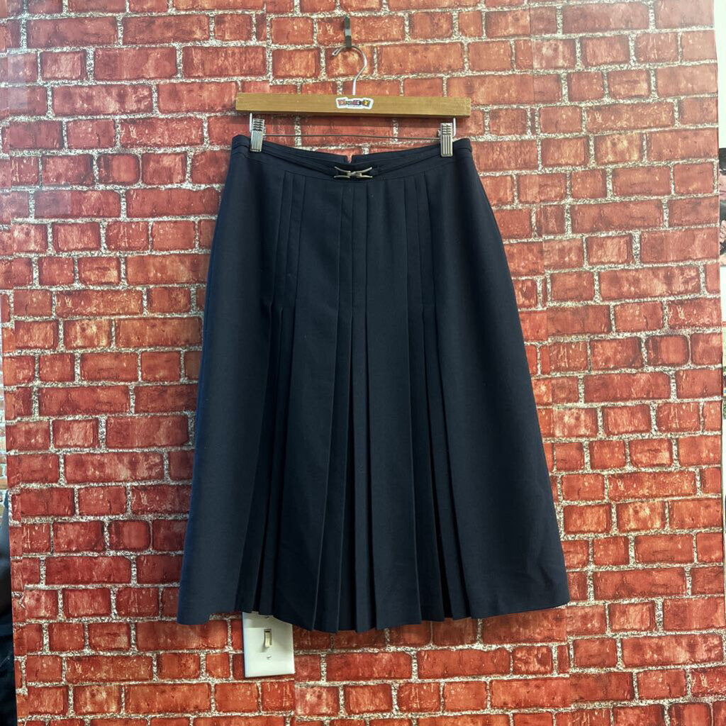Fouks Paris Tailored Wool Pleated Midi Skirt Silve Detail Navy Blue Size 44