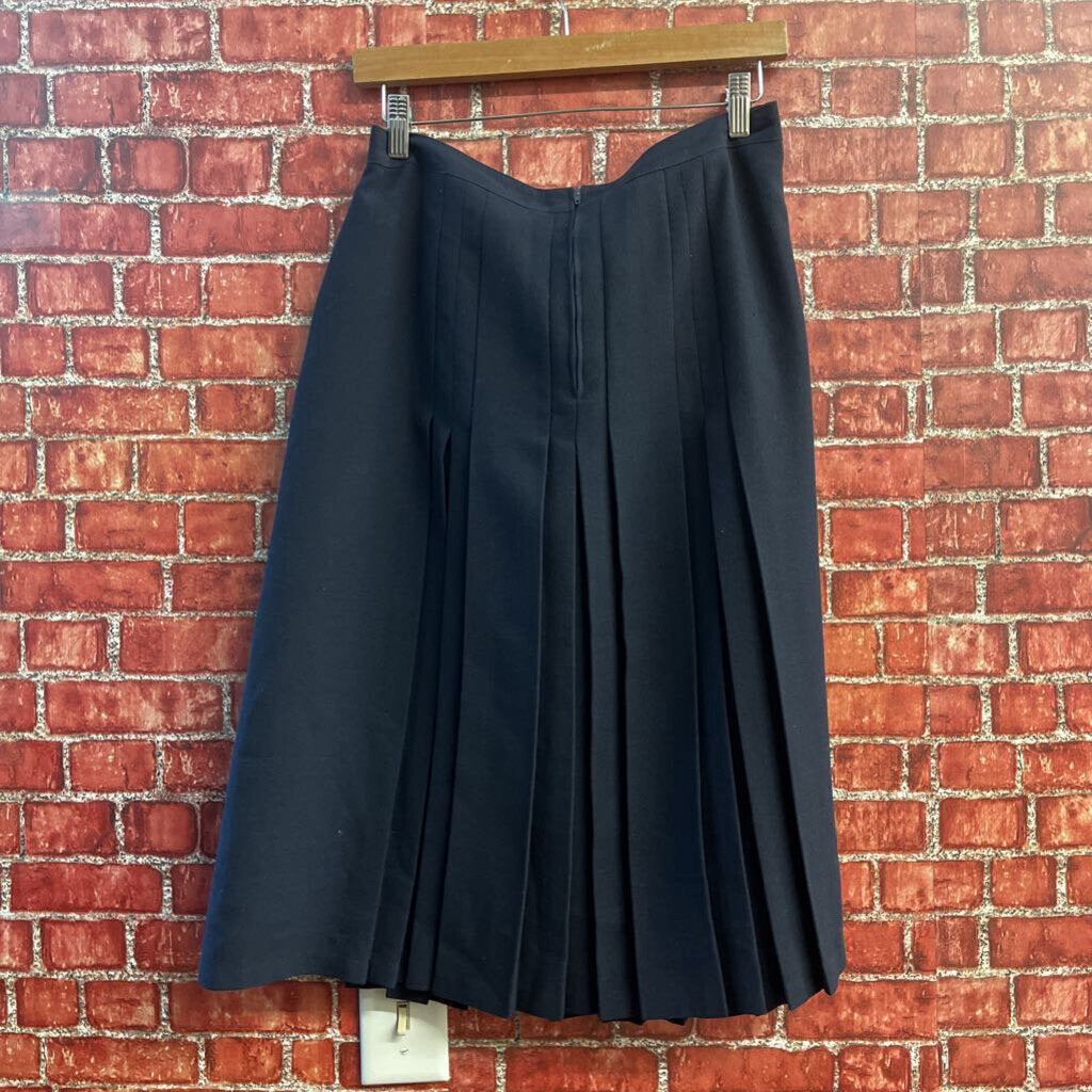 Fouks Paris Tailored Wool Pleated Midi Skirt Silve Detail Navy Blue Size 44