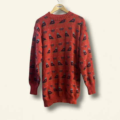 Jacqueline Palmer All Over Bird and Flower Print Wool Crewneck Sweater Red/Black/Brown *AS IS* Men’s Size 2XL